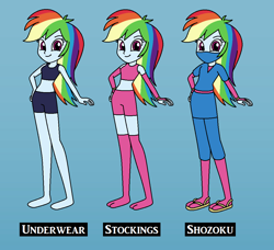 Size: 1120x1022 | Tagged: safe, artist:author92, rainbow dash, equestria girls, alternate costumes, barefoot, blue underwear, boyshorts, bra, brightly colored ninjas, clothes, crop top bra, feet, kunoichi, mask, midriff, ninja, panties, sandals, sports bra, sports shorts, stockings, thigh highs, underwear