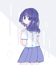 Size: 1026x1199 | Tagged: safe, artist:windymils, rarity, human, clothes, cute, ear piercing, earring, female, humanized, jewelry, looking back, moe, piercing, pleated skirt, skirt, solo