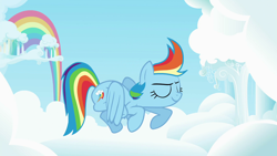 Size: 1920x1080 | Tagged: safe, derpibooru import, screencap, rainbow dash, pegasus, pony, cloud, cloudsdale, cloudy, cutie mark, female, flying, great moments in animation, intro, mare, mid-blink screencap, opening, opening theme, rainbow, sky, smear frame, solo, theme song