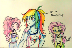 Size: 1280x853 | Tagged: safe, artist:aizy-boy, fluttershy, pinkie pie, rainbow dash, equestria girls, belly button, blushing, breasts, clothes, delicious flat chest, exercise, flattershy, midriff, plewds, sweat, tanktop, towel, traditional art