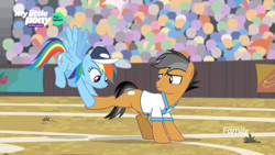 Size: 1366x768 | Tagged: safe, derpibooru import, screencap, quibble pants, rainbow dash, earth pony, pegasus, pony, common ground, audience, cap, clothes, crowd, discovery family logo, field, hat, rainbow, shirt, sports outfit, stadium, stretching