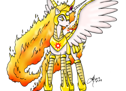 Size: 2883x2100 | Tagged: safe, artist:arconius, nightmare star, princess celestia, alicorn, pony, armor, female, fire, mare, simple background, solo, spread wings, transparent background