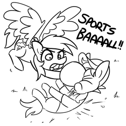 Size: 1650x1650 | Tagged: safe, artist:tjpones, derpibooru import, quibble pants, rainbow dash, earth pony, pegasus, pony, common ground, ball, baseball cap, black and white, cap, dialogue, duo, female, flying, grayscale, hat, hoof hold, male, mare, monochrome, oof, quibbuse, simple background, sports, sportsball, spread wings, stallion, this will end in pain, this will end in tears, white background, wings