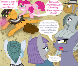 Size: 1600x1350 | Tagged: safe, artist:crazynutbob, cheese sandwich, cloudy quartz, igneous rock pie, limestone pie, marble pie, maud pie, pinkie pie, earth pony, pony, cheesepie, choosing stone, female, head lump, hilarious in hindsight, male, pairing stone, pie family, pie sisters, quartzrock, shipping, siblings, sisters, straight