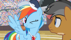 Size: 1366x768 | Tagged: safe, derpibooru import, screencap, quibble pants, rainbow dash, earth pony, pegasus, pony, common ground, audience, crowd, discovery family logo, field, one eye closed, stadium, wink