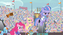 Size: 1366x768 | Tagged: safe, derpibooru import, screencap, fluttershy, pinkie pie, rainbow dash, earth pony, pegasus, pony, common ground, audience, clothes, crowd, disappointed, facehoof, flag, flying, jersey, lights, spotlight, stadium, unamused