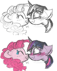 Size: 5000x6197 | Tagged: safe, artist:heeeeresizzy, derpibooru import, pinkie pie, twilight sparkle, earth pony, pony, absurd resolution, blushing, boop, colored eyelashes, eyelashes, eyes closed, female, floppy ears, lesbian, nervous, noseboop, shipping, smiling, traditional art, twinkie, wavy mouth, wide eyes