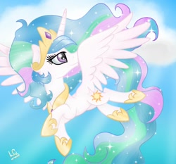 Size: 1626x1518 | Tagged: safe, artist:ingresar, princess celestia, alicorn, pony, crown, flying, jewelry, peytral, regalia, smiling, solo, spread wings