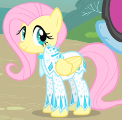 Size: 450x440 | Tagged: safe, screencap, fluttershy, photo finish, pegasus, pony, green isn't your color, clothes, dress, female, nudie suit, outfit catalog, solo focus, suit