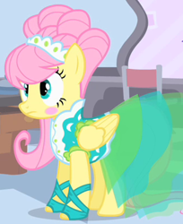 Size: 326x400 | Tagged: safe, screencap, fluttershy, pegasus, pony, green isn't your color, alternate hairstyle, clothes, dress, modelshy, outfit catalog, solo