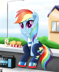 Size: 4800x5900 | Tagged: safe, artist:theretroart88, derpibooru import, rainbow dash, pegasus, pony, absurd resolution, clothes, converse, cute, dashabetes, equestria girls outfit, female, food, mare, movie accurate, shoes, sitting, smiling, sneakers, streetlight