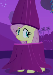Size: 304x426 | Tagged: safe, screencap, fluttershy, pegasus, pony, hurricane fluttershy, :, clothes, costume, cropped, disguise, female, fluttertree, hat, mare, outfit catalog, solo, tree, tree costume