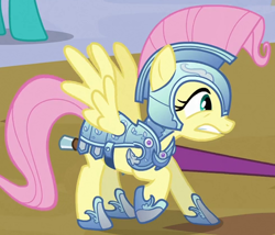 Size: 490x419 | Tagged: safe, screencap, fluttershy, pegasus, pony, the crystal empire, clothes, costume, crystal guard armor, fantasy class, jousting, jousting outfit, knight, outfit catalog, solo, warrior