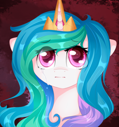 Size: 1400x1500 | Tagged: safe, artist:mitralexa, princess celestia, alicorn, pony, bust, crown, crying, female, floppy ears, jewelry, looking at you, mare, portrait, regalia, sad, solo