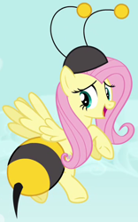 Size: 348x558 | Tagged: safe, screencap, fluttershy, pegasus, pony, it ain't easy being breezies, bumblebee, clothes, costume, outfit catalog, solo