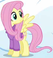 Size: 304x335 | Tagged: safe, screencap, fluttershy, pegasus, pony, tanks for the memories, bottomless, clothes, cropped, digital art, female, looking at something, mare, outfit catalog, partial nudity, purple sweater, solo, standing, sweater, sweatershy, turtleneck