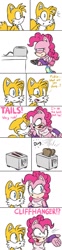 Size: 397x1590 | Tagged: dead source, safe, artist:atomiclance, pinkie pie, anthro, bread, comic, crossover, food, miles "tails" prower, sonic the hedgehog (series), sonicified, toast, toaster