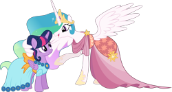 Size: 11957x6400 | Tagged: safe, artist:parclytaxel, princess celestia, twilight sparkle, twilight sparkle (alicorn), alicorn, pony, make new friends but keep discord, .svg available, absurd resolution, clothes, dress, gala dress, raised hoof, simple background, transparent background, vector, wing hands