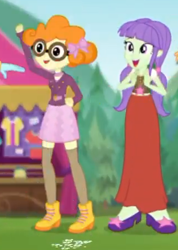 Size: 322x451 | Tagged: safe, screencap, scribble dee, starlight, accountibilibuddies, better together, choose your own ending, equestria girls, background human, boots, clothes, dress, glasses, pigtails, shoes, skirt, smiling, socks, thigh highs