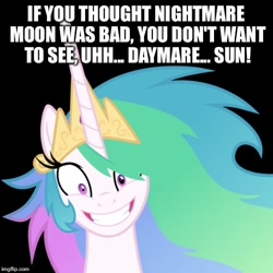 Size: 500x500 | Tagged: safe, princess celestia, alicorn, pony, black background, fanfic, hilarious in hindsight, insanity, meme, simple background, snaplestia, solo