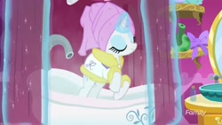 Size: 2560x1440 | Tagged: safe, screencap, rarity, pony, unicorn, it isn't the mane thing about you, bathrobe, bathtub, clothes, robe, shower, towel, we don't normally wear clothes