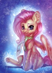 Size: 1000x1400 | Tagged: safe, artist:scyrina, fluttershy, pegasus, pony, clothes, looking at you, scarf, sitting, smiling, solo, winter