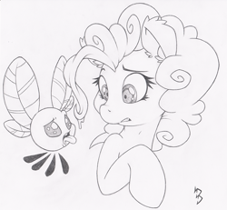 Size: 800x739 | Tagged: safe, artist:dfectivedvice, pinkie pie, earth pony, parasprite, pony, cute, diapinkes, grayscale, monochrome, traditional art