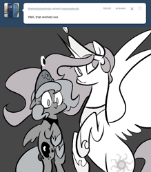 Size: 666x761 | Tagged: safe, artist:egophiliac, princess celestia, princess luna, alicorn, pony, ask, cartographer's element of courage, filly, flying, monochrome, moonstuck, neo noir, partial color, pink-mane celestia, tumblr, woona, younger