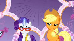 Size: 1366x768 | Tagged: safe, screencap, applejack, rarity, earth pony, pony, unicorn, suited for success, female, horn, mare