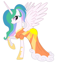 Size: 1895x2095 | Tagged: safe, artist:burningflamemc, edit, princess celestia, alicorn, pony, clothes, dress, female, looking at you, mare, raised hoof, simple background, solo, spread wings, transparent background