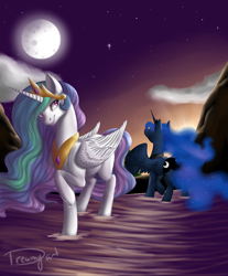 Size: 2480x3000 | Tagged: safe, artist:dreamyartcosplay, princess celestia, princess luna, alicorn, pony, cloud, crepuscular rays, droplet, moon, mountain, raised hoof, royal sisters, spread wings, stars, sunset, twilight (astronomy), water