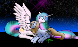 Size: 1175x719 | Tagged: safe, artist:arconius, princess celestia, oc, oc:littlepip, alicorn, pony, unicorn, fallout equestria, cutie mark, eyes closed, fanfic, fanfic art, female, hooves, horn, mare, snuggling, spread wings, wings