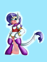 Size: 956x1250 | Tagged: safe, artist:jinyaranda, rarity, pony, unicorn, belly button, belly dancer, bipedal, clothes, female, leonine tail, loincloth, mare, simple background, smiling, solo, tanktop, veil