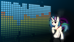 Size: 1920x1080 | Tagged: safe, artist:mithandir730, artist:takua770, derpibooru import, dj pon-3, vinyl scratch, pony, unicorn, cutie mark, female, glasses, glow, hooves, horn, looking at you, mare, smiling, solo, sunglasses, teeth, vector, wallpaper