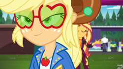 Size: 1920x1080 | Tagged: safe, screencap, applejack, max steele, sunset shimmer, better together, equestria girls, sunset's backstage pass!, applejack's festival hat, applejack's sunglasses, close-up, cowboy hat, duo, duo female, female, hat, male, outdoors, security guard, sunglasses