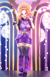 Size: 776x1200 | Tagged: safe, artist:draltruist, adagio dazzle, human, better together, equestria girls, find the magic, adagiazonga dazzle, adoragio, boots, bracelet, clothes, commission, cute, eyeshadow, female, high heel boots, humanized, jacket, jewelry, makeup, microphone, nail polish, shoes, singing, socks, solo, stage, thigh highs