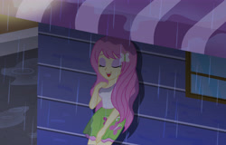 Size: 6169x3953 | Tagged: safe, artist:sumin6301, fluttershy, equestria girls, absurd resolution, building, clothes, eyes closed, leaning, open mouth, rain, skirt, solo, tanktop, wall, wet clothes