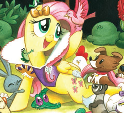 Size: 478x435 | Tagged: safe, idw, fluttershy, gummy, opalescence, winona, beaver, bird, chicken, ferret, pegasus, pony, rabbit, spoiler:comic, clothes, costume, disney, elizabeak, outfit catalog, snow white