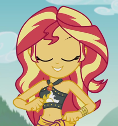 Size: 978x1046 | Tagged: safe, screencap, sunset shimmer, better together, equestria girls, unsolved selfie mysteries, belly button, bikini, bikini babe, clothes, cropped, cute, eyes closed, female, geode of empathy, magical geodes, midriff, outdoors, sarong, shimmerbetes, sleeveless, smiling, solo, swimsuit