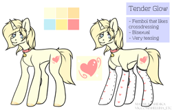 Size: 1700x1087 | Tagged: safe, artist:hellishprogrammer, oc, oc only, oc:tender glow, pony, unicorn, bell, bell collar, clothes, collar, femboy, heart, male, reference sheet, simple background, socks, solo, stallion, stockings, thigh highs, watermark, white background