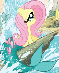 Size: 1552x1906 | Tagged: safe, idw, fluttershy, pegasus, pony, spoiler:comic, ariel, clothes, costume, outfit catalog, solo, the little mermaid