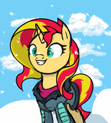 Size: 1491x1640 | Tagged: safe, artist:thehuskylord, sunset shimmer, pony, unicorn, equestria girls, clothes, cute, female, jacket, mare, shading, shimmerbetes, simple background, smiling, snow, snowfall, solo