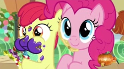 Size: 2040x1146 | Tagged: safe, screencap, apple bloom, pinkie pie, earth pony, pony, hearthbreakers, cute, puffy cheeks, smiling