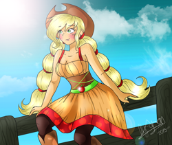 Size: 1180x996 | Tagged: safe, artist:xxalymetalgirlxx, applejack, human, blushing, clothes, dress, fence, freckles, humanized, shoulder freckles, solo, twintails