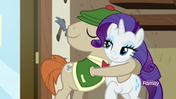 Size: 1920x1080 | Tagged: safe, screencap, mr breezy, rarity, earth pony, pony, unicorn, it isn't the mane thing about you, discovery family logo, female, hug, male, mare, stallion