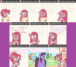 Size: 2006x1772 | Tagged: safe, artist:pippy, derpibooru import, pinkie pie, rainbow dash, twilight sparkle, earth pony, pegasus, pony, apron, askblinddash, blind, cellphone, clothes, comic, leash, newspaper, phone, pinkamena diane pie, pinkiepieskitchen