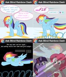 Size: 1002x1180 | Tagged: safe, artist:pippy, derpibooru import, pinkie pie, rainbow dash, twilight sparkle, earth pony, pegasus, pony, apron, askblinddash, blind, clothes, comic, crying, flying, pinkiepieskitchen, tears of joy, wind tunnel