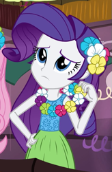 Size: 335x511 | Tagged: safe, screencap, fluttershy, rarity, equestria girls, rainbow rocks, shake your tail, clothes, grass skirt, hula, hularity, lei, outfit catalog, skirt