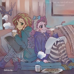 Size: 1000x1000 | Tagged: safe, artist:5mmumm5, pinkie pie, sunset shimmer, equestria girls, anime, clothes, cozy, mug, pillow, sofa, sweater