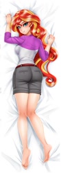 Size: 354x998 | Tagged: safe, artist:racoonsan, edit, editor:thomasfan45, sunset shimmer, human, equestria girls, anime, ass, ass line, barefoot, bedroom eyes, belt, blushing, body pillow, body pillow design, butt, camp everfree outfits, camp shorts, clothes, feet, female, hips, legs, lidded eyes, looking at you, looking back, looking back at you, looking over shoulder, sexy, sheet grab, shorts, smiling, solo, tomboy